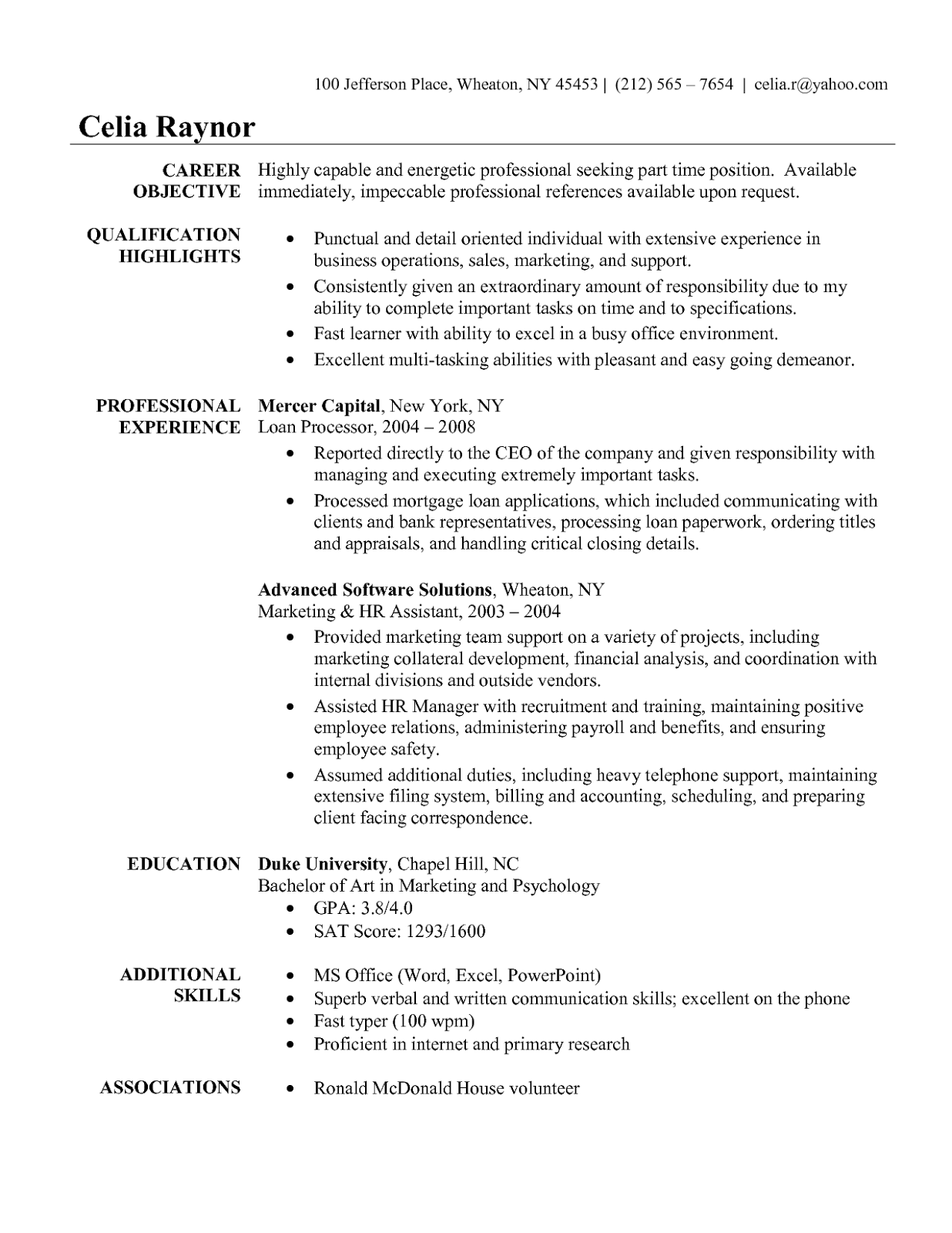 Sample resume of administration executive
